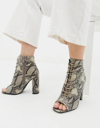 Shop New Look Lace Up Block Heeled Sandal In Snake Pattern-black