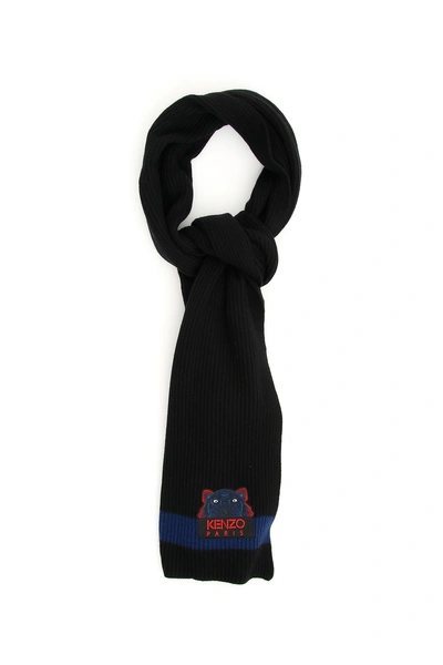 Shop Kenzo Tiger Knit Scarf In Bleu Nuit (black)