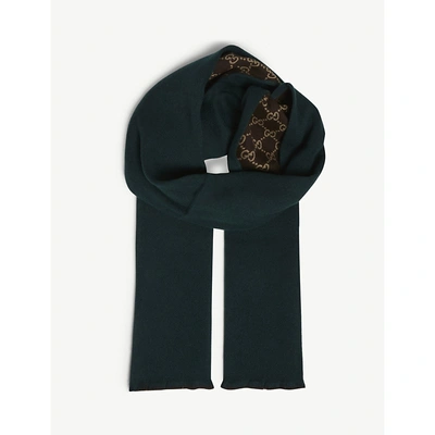 Shop Gucci Gg Logo Reversible Wool-blend Scarf In Green