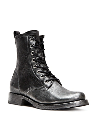 Shop Frye Women's Veronica Metallic Leather Combat Boots In Black