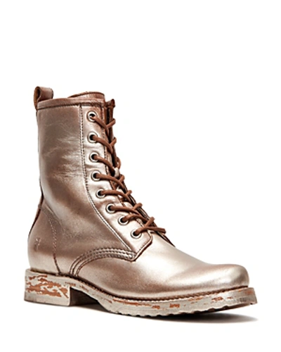 Shop Frye Women's Veronica Metallic Leather Combat Boots In Saddle