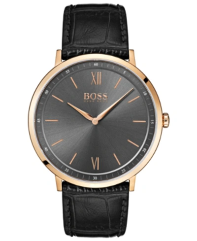 Shop Hugo Boss Men's Essential Ultra Slim Black Leather Strap Watch 40mm In Grey