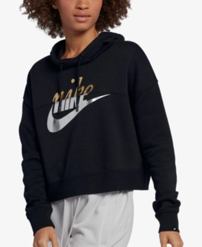 Shop Nike Sportswear Rally Metallic-logo Fleece Cropped Hoodie In Black