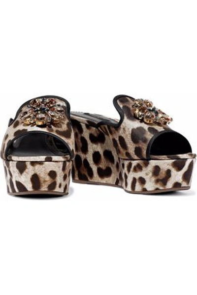 Shop Dolce & Gabbana Crystal-embellished Leopard-print Twill Wedge Mules In Animal Print