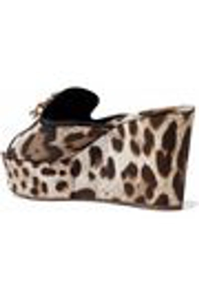 Shop Dolce & Gabbana Crystal-embellished Leopard-print Twill Wedge Mules In Animal Print