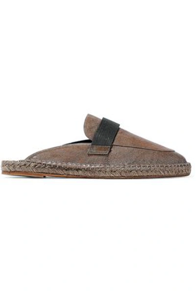 Shop Brunello Cucinelli Woman Bead-embellished Leather Slippers Brown