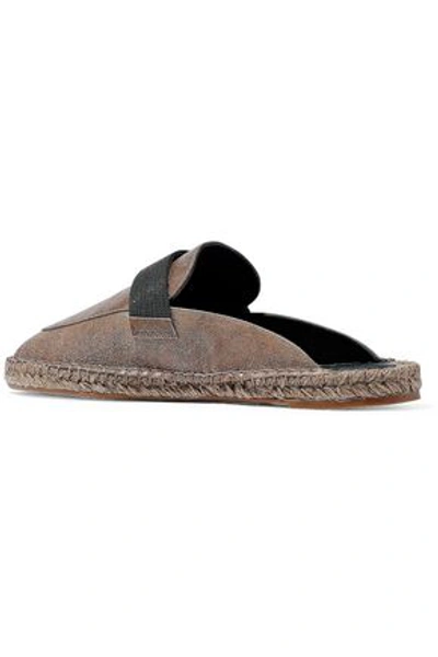 Shop Brunello Cucinelli Woman Bead-embellished Leather Slippers Brown