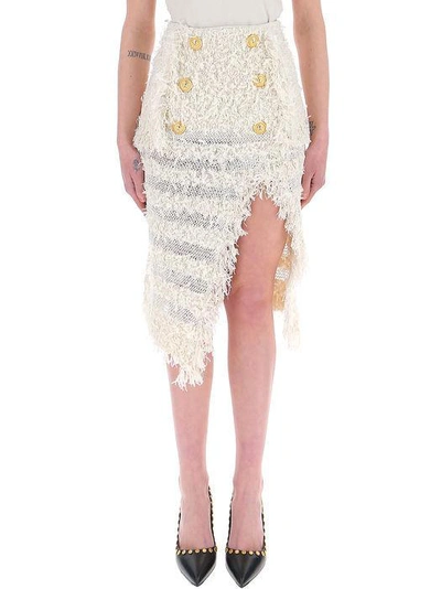 Shop Balmain Frayed Double Breasted Skirt In Blanc
