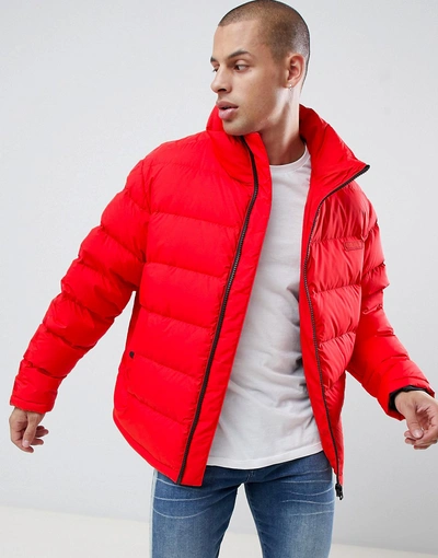 Hugo Biron Down Puffer Jacket With Taped Sleeve And Chest Logo In Red - Red  | ModeSens