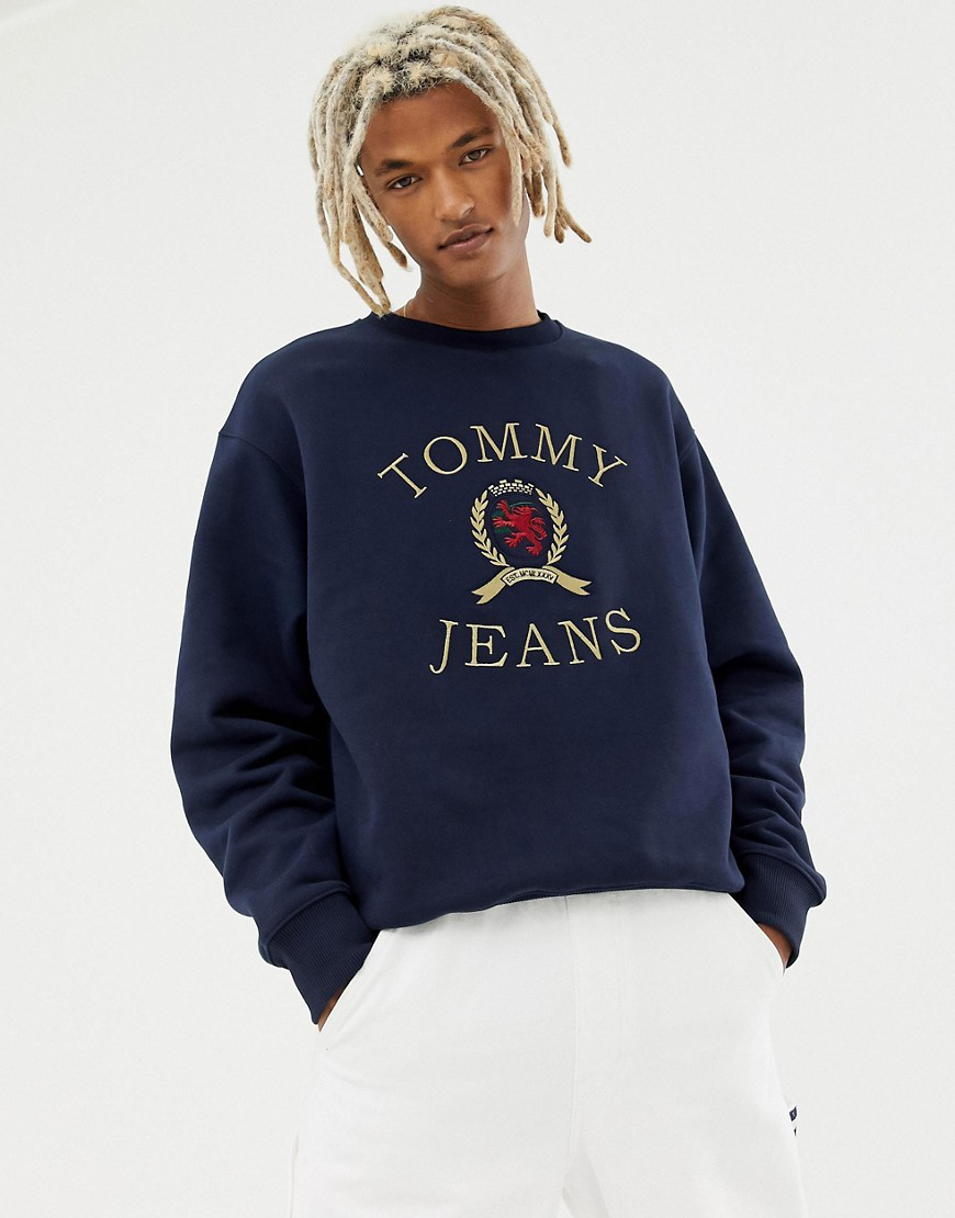 tommy jeans 6.0 limited capsule crew neck sweatshirt with crest logo in navy