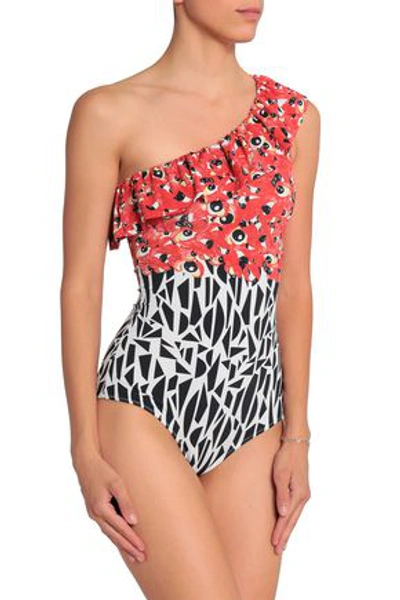 Shop Isolda Woman One-shoulder Ruffle-trimmed Printed Swimsuit Red