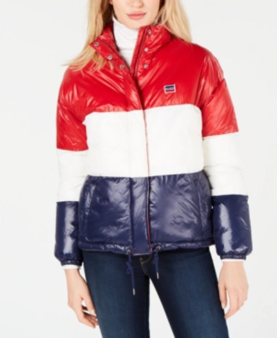 Shop Levi's Quilted Puffer Jacket In Red/white/blue