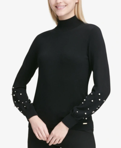 Shop Calvin Klein Embellished Mock-neck Sweater In Black