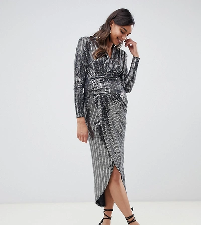 Shop Queen Bee Contrast Wrap Front Sequin Maxi Dress In Silver - Silver