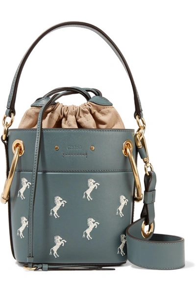 Shop Chloé Roy Mini Embroidered Leather Bucket Bag In Gray Green