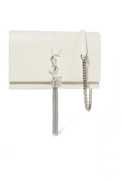 Shop Saint Laurent Kate Small Croc-effect Leather Shoulder Bag In Ivory