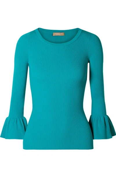 Shop Michael Kors Ruffled Ribbed-knit Sweater In Turquoise