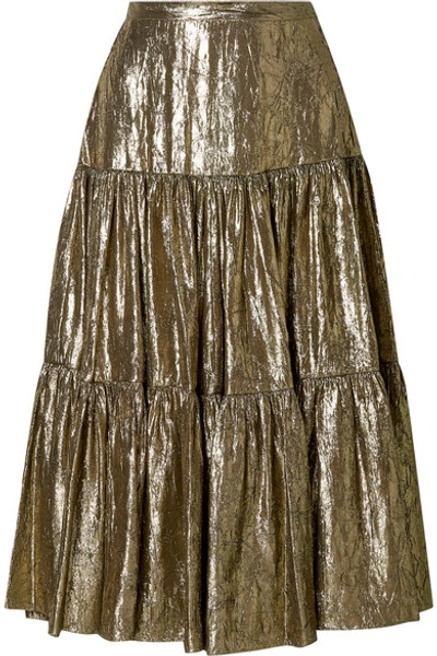 Shop Michael Kors Tiered Metallic Silk-blend Lamé Midi Skirt In Gold