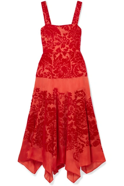 Shop Rosie Assoulin Tiered Devoré Silk-organza Midi Dress In Red