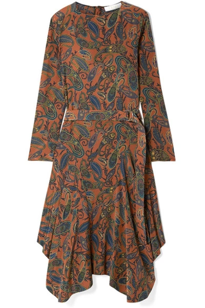 Shop Chloé Asymmetric Paisley-print Silk Crepe De Chine Midi Dress In Brown