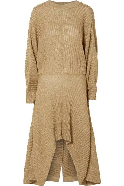 Shop Chloé Asymmetric Ribbed Lurex Midi Dress In Gold