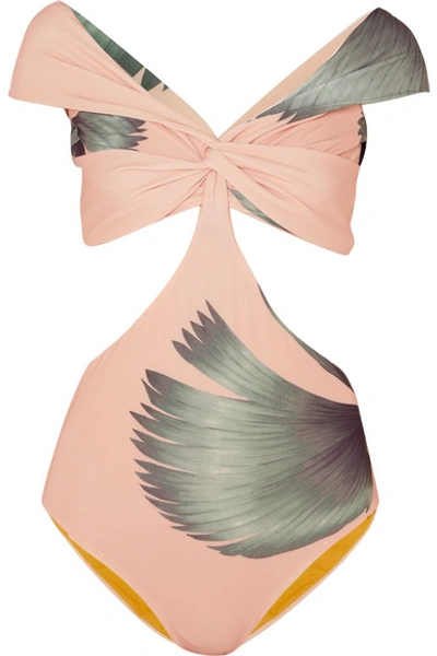 Shop Johanna Ortiz Palm Beach Off-the-shoulder Cutout Printed Swimsuit In Pastel Pink