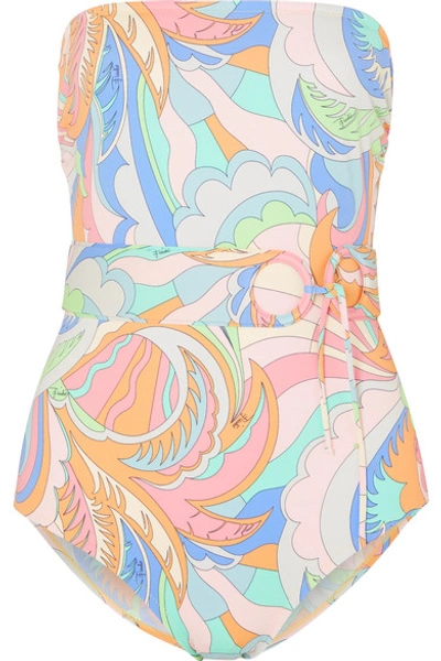 Shop Emilio Pucci Belted Printed Bandeau Swimsuit In Lilac