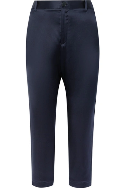 Shop Nili Lotan Paris Cropped Silk-charmeuse Skinny Pants In Midnight Blue