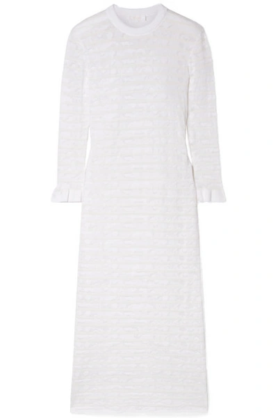 Shop Chloé Striped Cotton-blend Stretch-lace Midi Dress In White