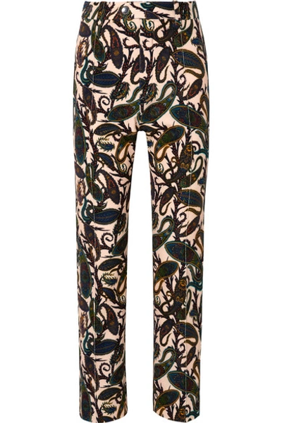 Shop Chloé Printed Cotton-blend Velvet Straight-leg Pants In Brown
