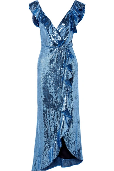 Shop Monique Lhuillier Wrap-effect Ruffled Sequined Crepe Midi Dress In Blue