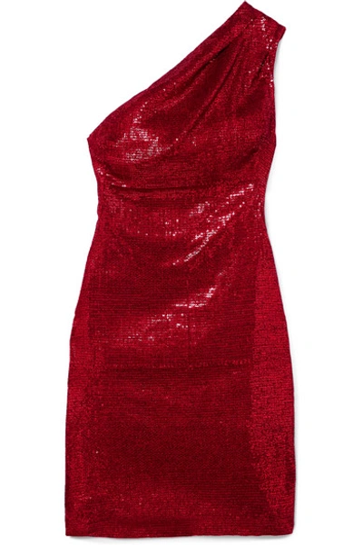 Shop Haney Valentina One-shoulder Sequined Stretch-tulle Mini Dress In Red