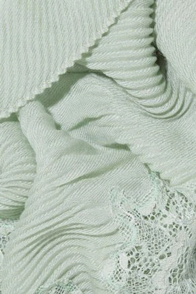 Shop Valentino Woman Plissé Lace-paneled Cashmere Scarf Mint