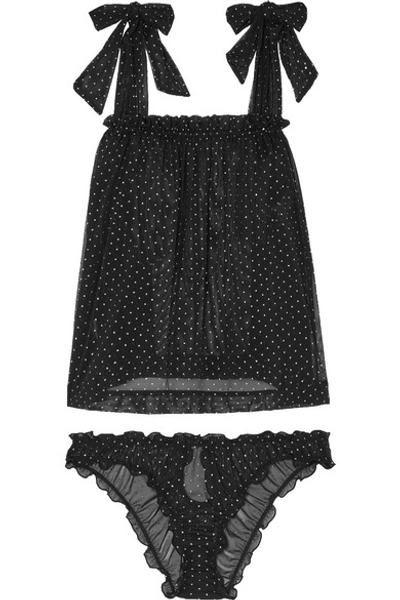 Shop Le Petit Trou Lou Ruffled Glittered Polka-dot Stretch-tulle Pajama Set In Black