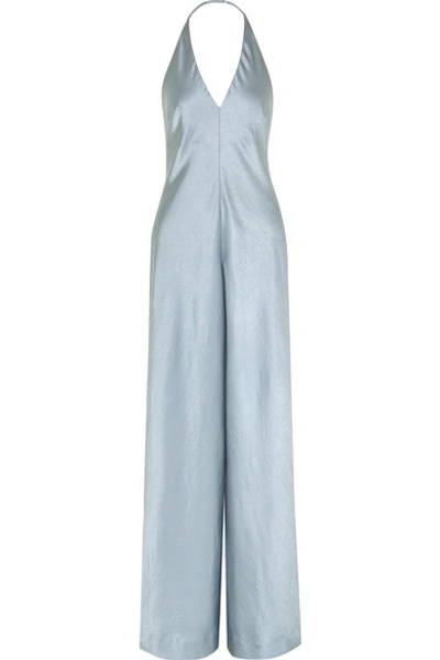 Shop Alexander Wang T Halterneck Crinkled-satin Wide-leg Jumpsuit In Light Blue