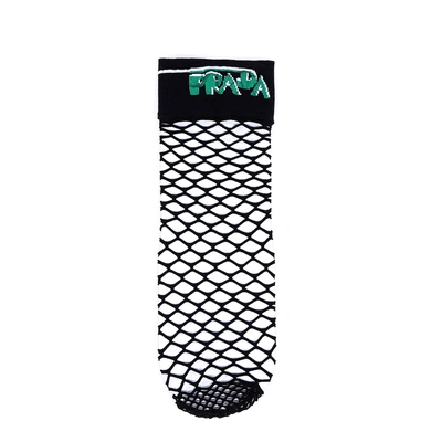 Shop Prada Embroidered Logo Fish Net Socks In Black