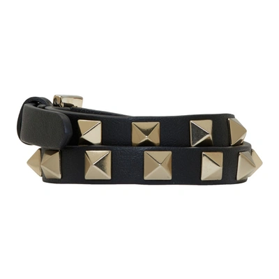 Valentino Garavani Rockstud Calfskin Double-strap Bracelet Woman Black Uni In 0no Black