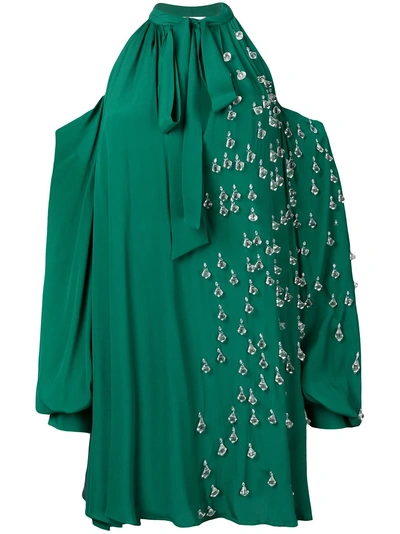 Shop Au Jour Le Jour Embellished Cold-shoulder Dress - Green