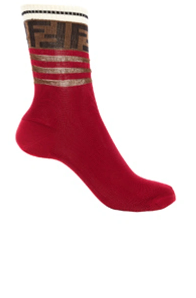 Shop Fendi Logo Trim Crew Socks In Red