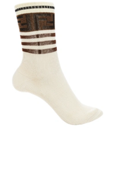 Shop Fendi Logo Trim Crew Socks In White