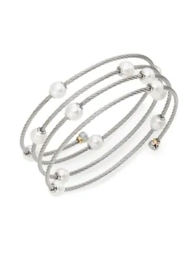 Shop Alor Classique 1.6mm White Round Freshwater Pearl, 18k White Gold & Stainless Steel Bracelet In Silver