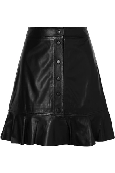 Shop Ganni Ruffled Leather Mini Skirt In Black