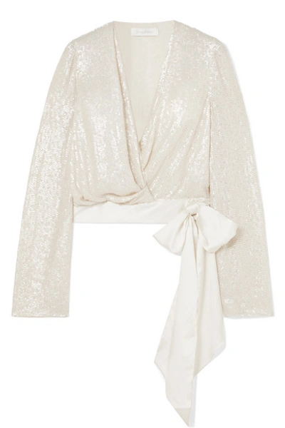 Shop Jenny Packham Penelope Satin-trimmed Sequined Silk-chiffon Wrap Top In Ivory