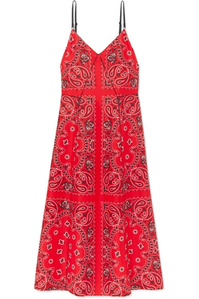 Shop Alexander Wang Leather-trimmed Printed Silk Midi Dress In Red