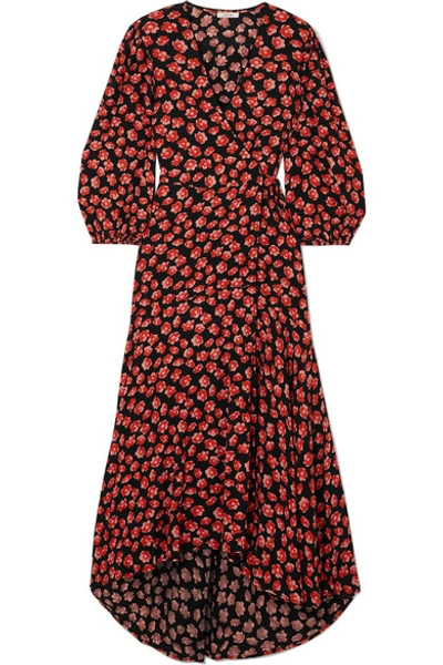 Shop Ganni Floral-print Crepe De Chine Wrap Dress In Red