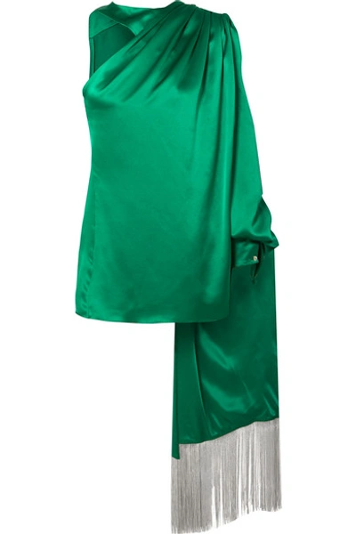 Shop Hillier Bartley One-shoulder Draped Silk-satin Blouse In Green