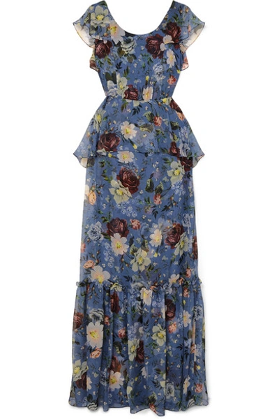 Shop Erdem Julianna Ruffled Floral-print Silk-chiffon Gown In Blue