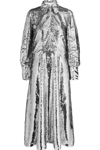 Shop Ganni Sequined Crepe Midi Dress In Silver