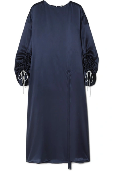 Shop Hillier Bartley Ruched Metallic Silk-satin Midi Dress In Navy