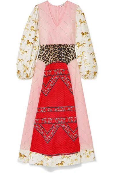 Shop Ganni Paneled Printed Cotton-poplin Maxi Dress In Pink
